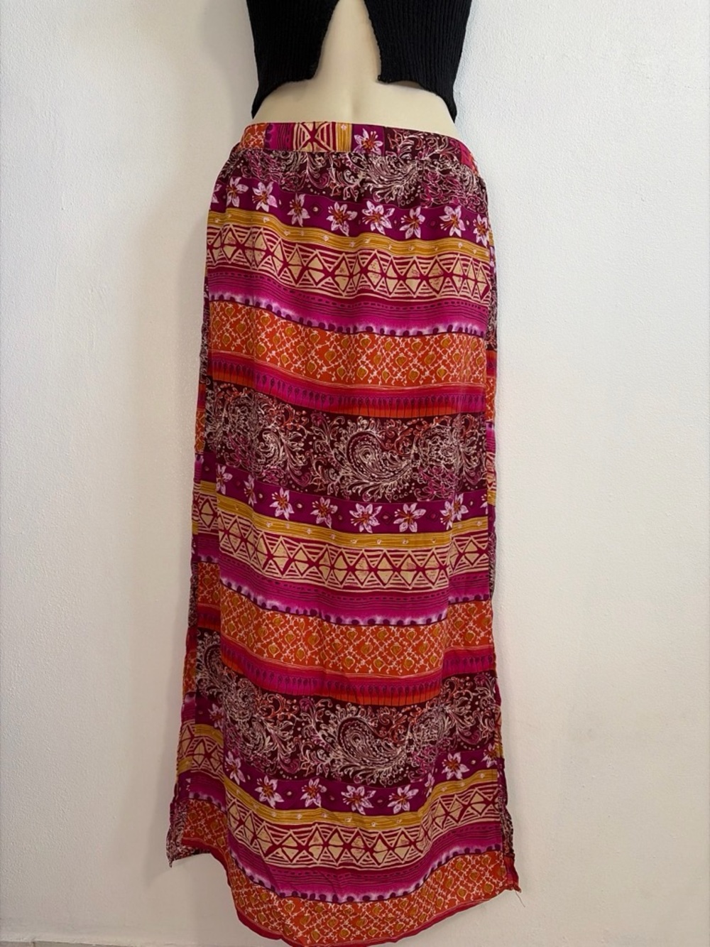 Striped Floral Maxi Skirt in Fuchsia Pink and Orange